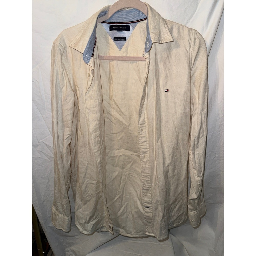Tommy Hilfiger Mens Slim Fit Stretch Button Down Shirt Cream Off White Small S/P